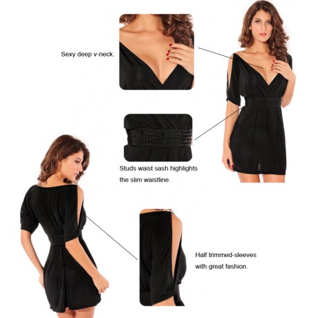 V-Neck Split Sleeves Black Mini Dress