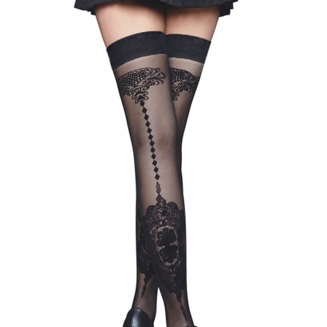 Floral Pattern Lace Stockings Black