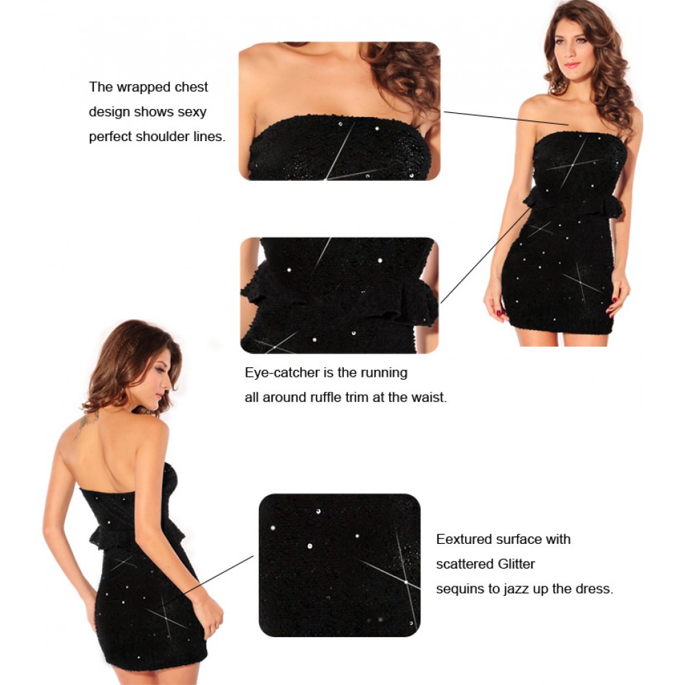 Bandeau Glittering Sequins Night Club Mini Dress Black