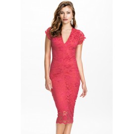 Cute V-Neck Slightly Ruched Lace Midi Dress Red