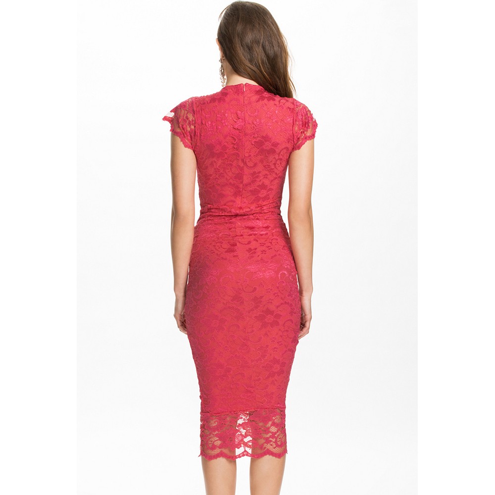 Cute V-Neck Slightly Ruched Lace Midi Dress Red