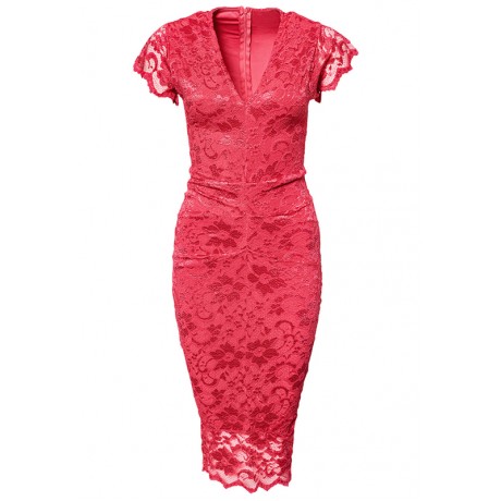 Cute V-Neck Slightly Ruched Lace Midi Dress Red