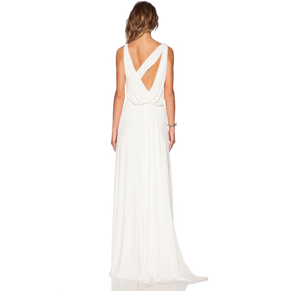 White Draped Cowl Back Gown Sleeveless Jersey Maxi Dress