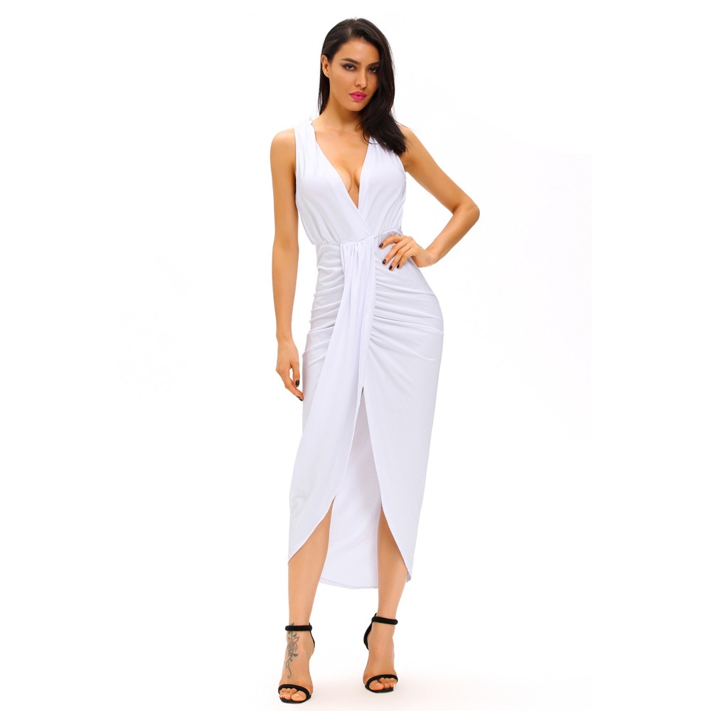 White Draped Solid Maxi Dress