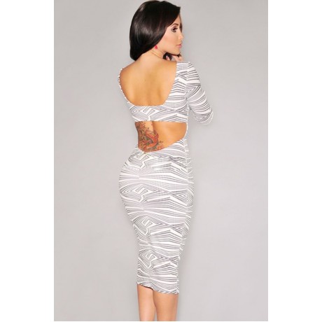 Geometric Print Cut-Out Midi Vintage Dress White