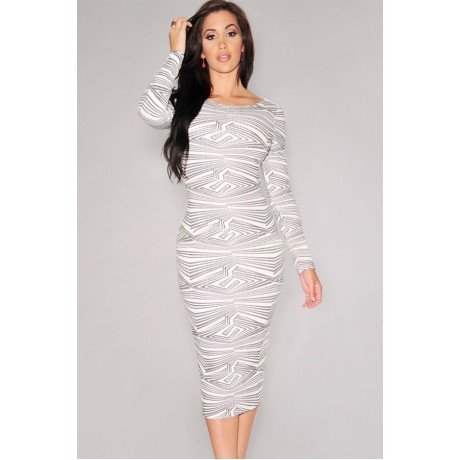 Geometric Print Cut-Out Midi Vintage Dress White