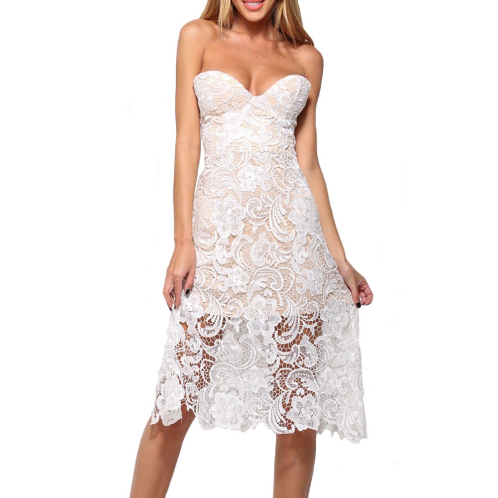 White Lace Overlay Strapless Midi