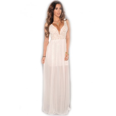 Lace Plunging Neck Slit Evening Gown White