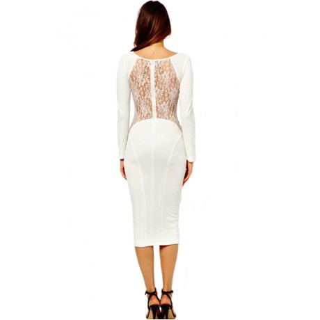 White Lace In Back O-Neck Midi Dress