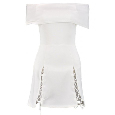 White Off Shoulder Lace Up Skater Dress