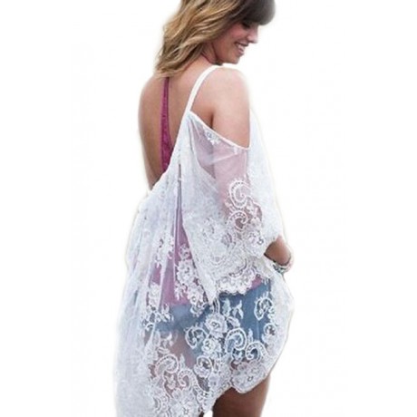 Floral Embroidery Sheer Lace Open Shoulder Cover-up