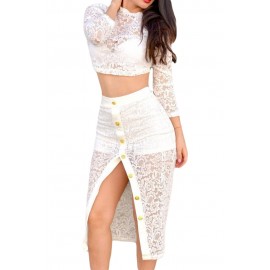 White Sheer Lace Crop Midi Split Skirt Set