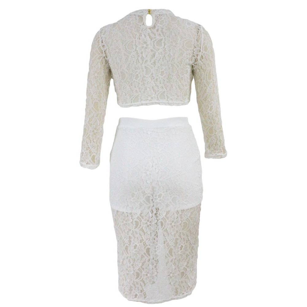 White Sheer Lace Crop Midi Split Skirt Set