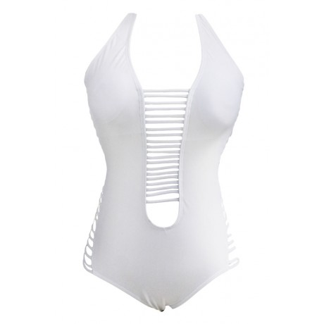 White Strappy Cutout Halter One Piece Swimwear