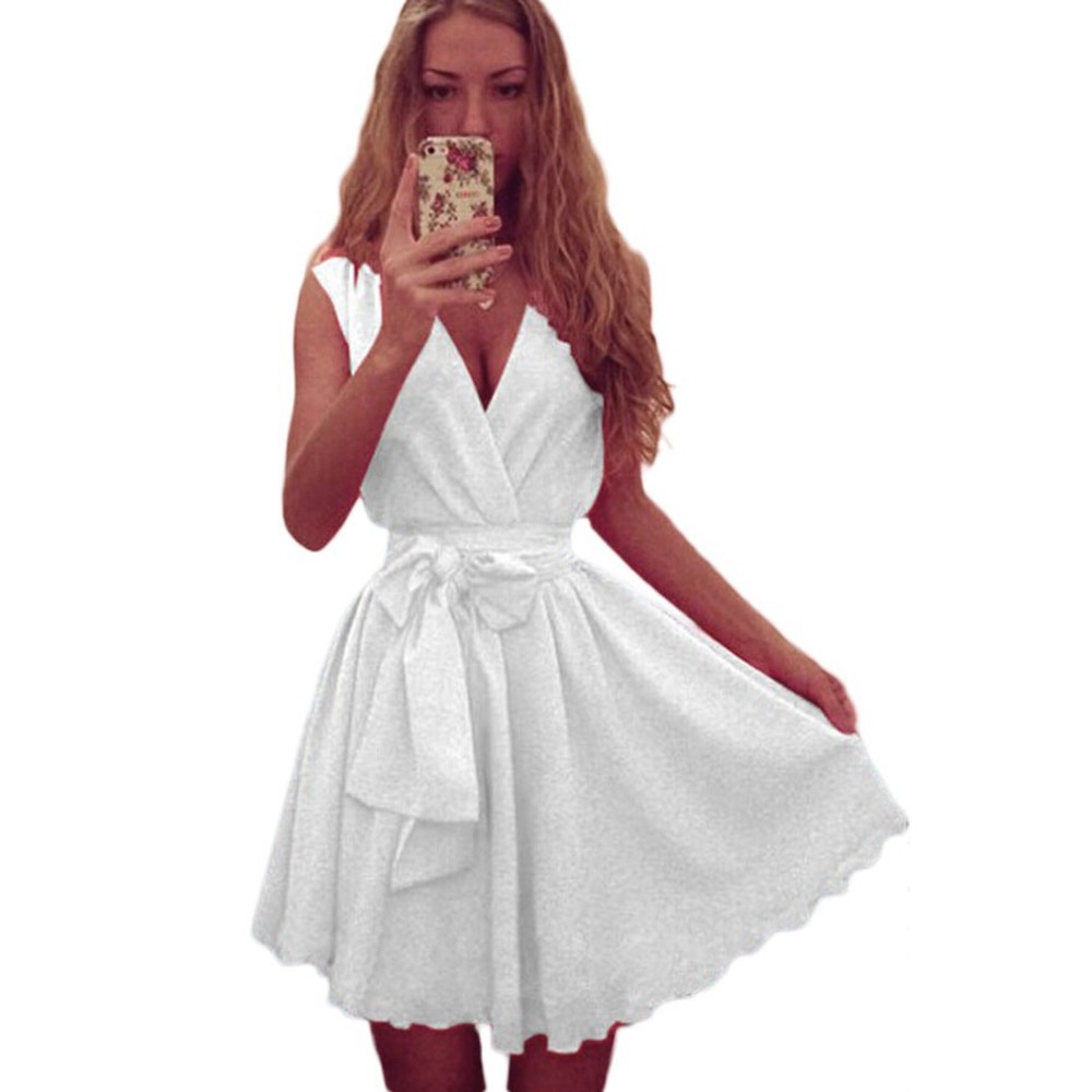 White Sweet Bow Belt Chiffon Skater