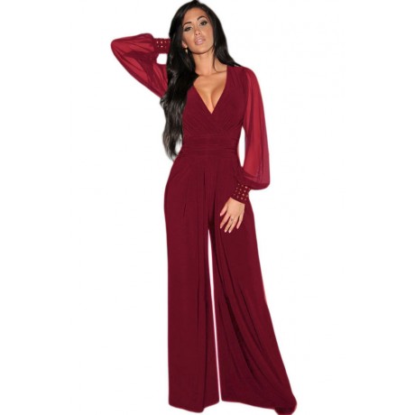 Embellished Cuffs Mesh Sleeves Jumpsuit Wine