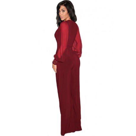 Embellished Cuffs Mesh Sleeves Jumpsuit Wine