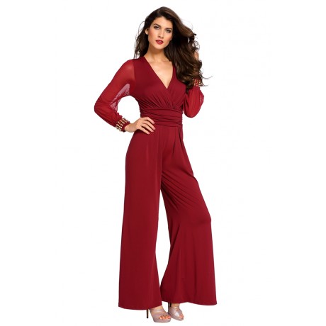 Embellished Cuffs Mesh Sleeves Jumpsuit Wine