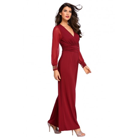 Embellished Cuffs Mesh Sleeves Jumpsuit Wine