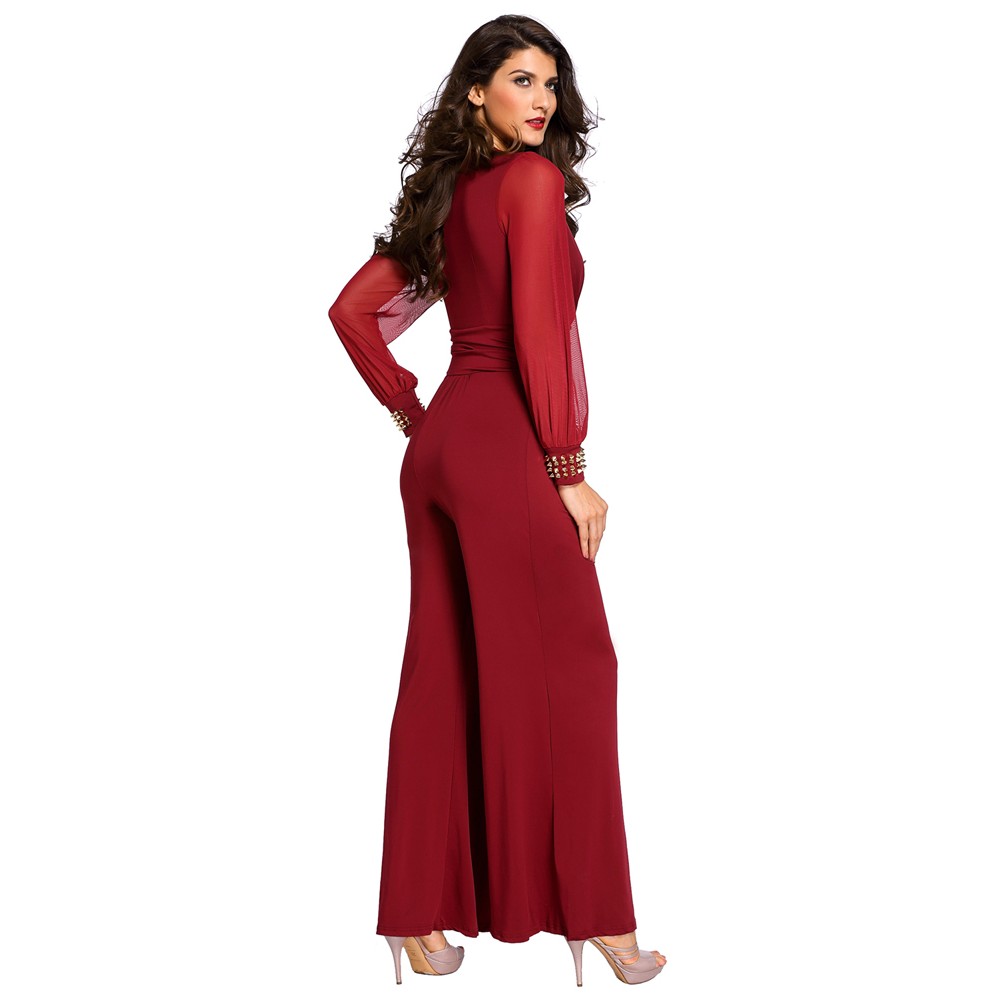 Embellished Cuffs Mesh Sleeves Jumpsuit Wine