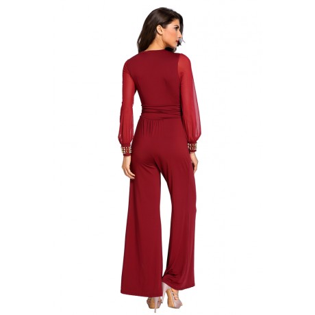 Embellished Cuffs Mesh Sleeves Jumpsuit Wine