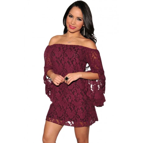 Wine Lace Off The Shoulder Sexy Mini Dress