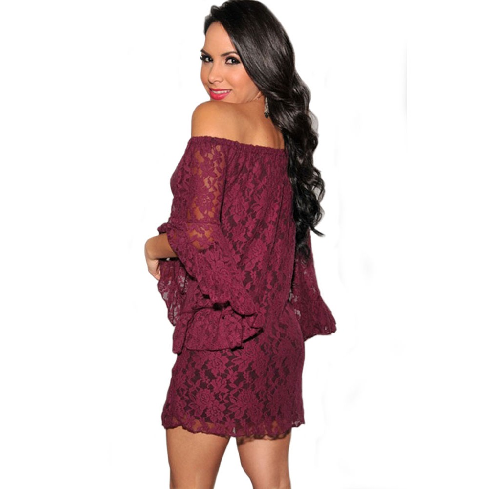 Wine Lace Off The Shoulder Sexy Mini Dress