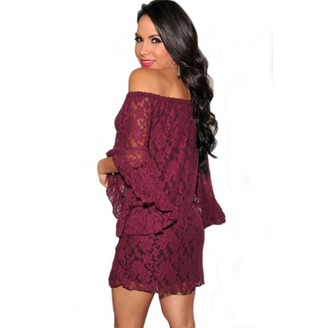 Wine Lace Off The Shoulder Sexy Mini Dress